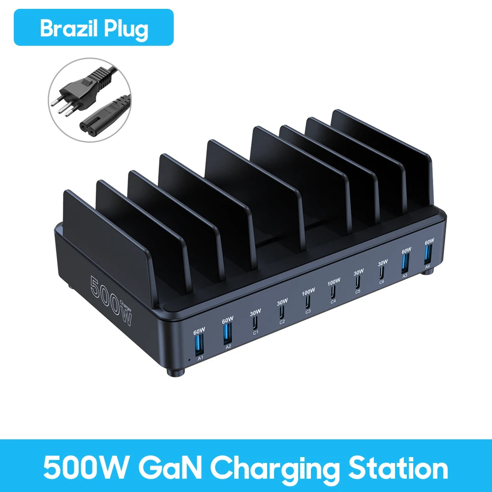 500W USB C Charger 10 Ports GaN Charging Station Stand PD 100W Fast Charge for MacBook Pro iPhone Samsung Laptops Tablets