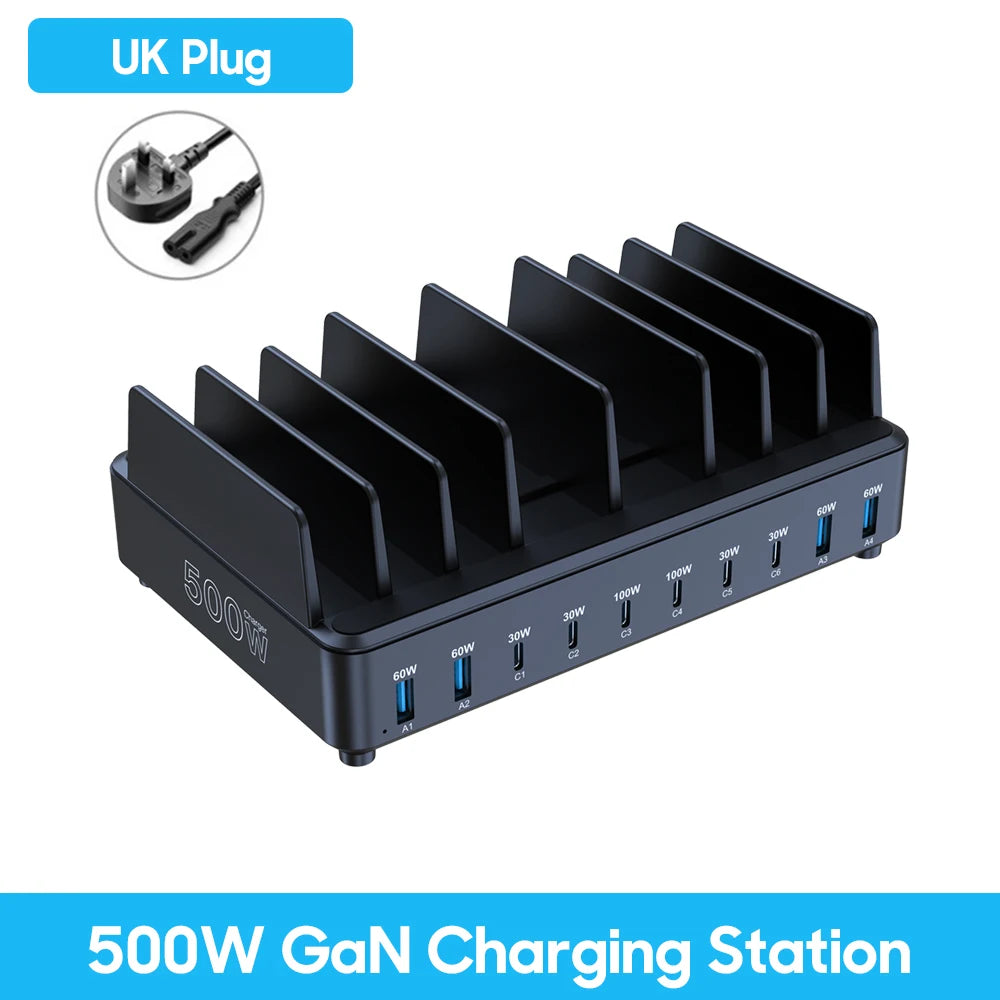 500W USB C Charger 10 Ports GaN Charging Station Stand PD 100W Fast Charge for MacBook Pro iPhone Samsung Laptops Tablets