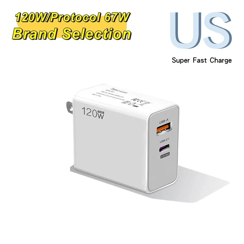 120W Type C USB Phone Charger Fast Charging Data Cable Mobile Phone Power Adapter For iPhone Xiaomi Huawei Samsung Wall Charger
