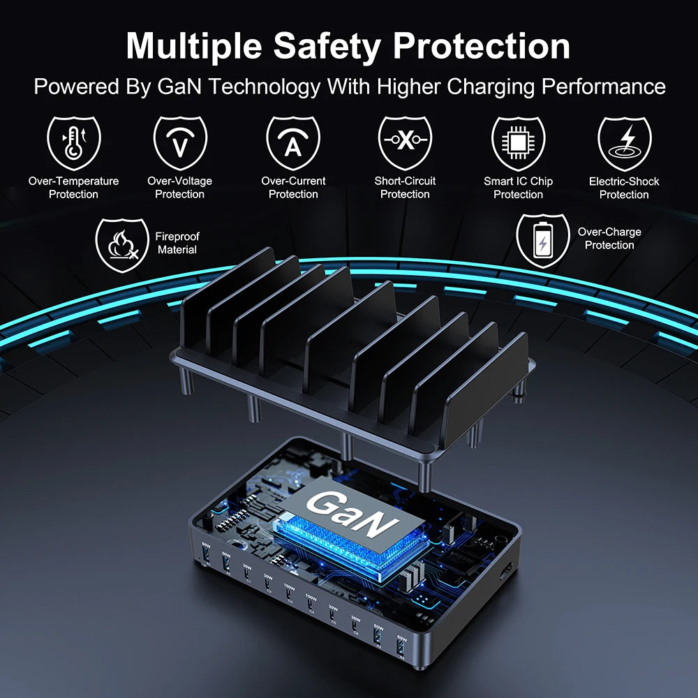 500W USB C Charger 10 Ports GaN Charging Station Stand PD 100W Fast Charge for MacBook Pro iPhone Samsung Laptops Tablets