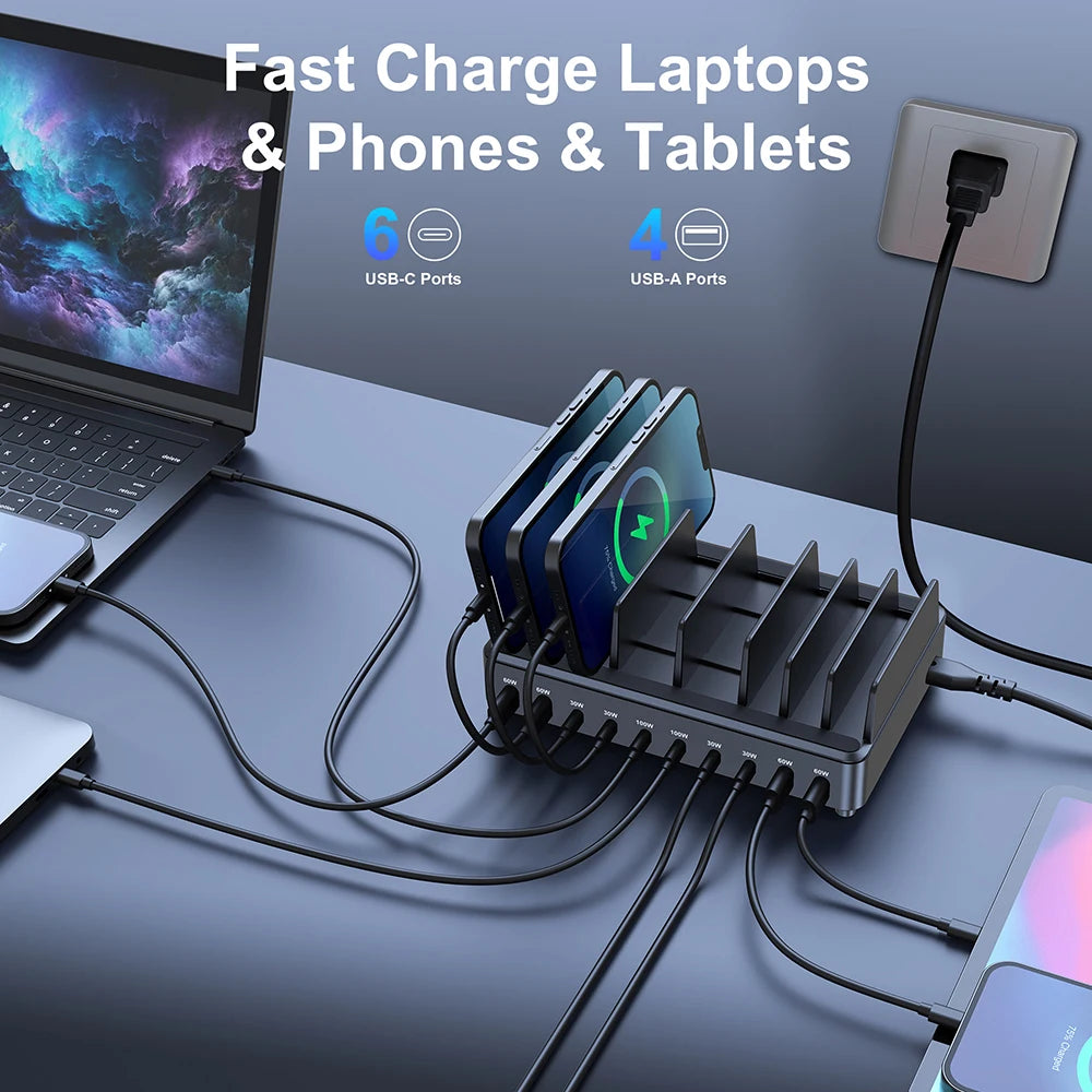 500W USB C Charger 10 Ports GaN Charging Station Stand PD 100W Fast Charge for MacBook Pro iPhone Samsung Laptops Tablets