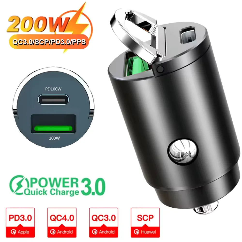 Mini 100W PD QC Pull Ring Fast Charging Car Charger USB C Car Phone Charger Adapter For iPhone 13 12 Xiaomi Samsung Huawei