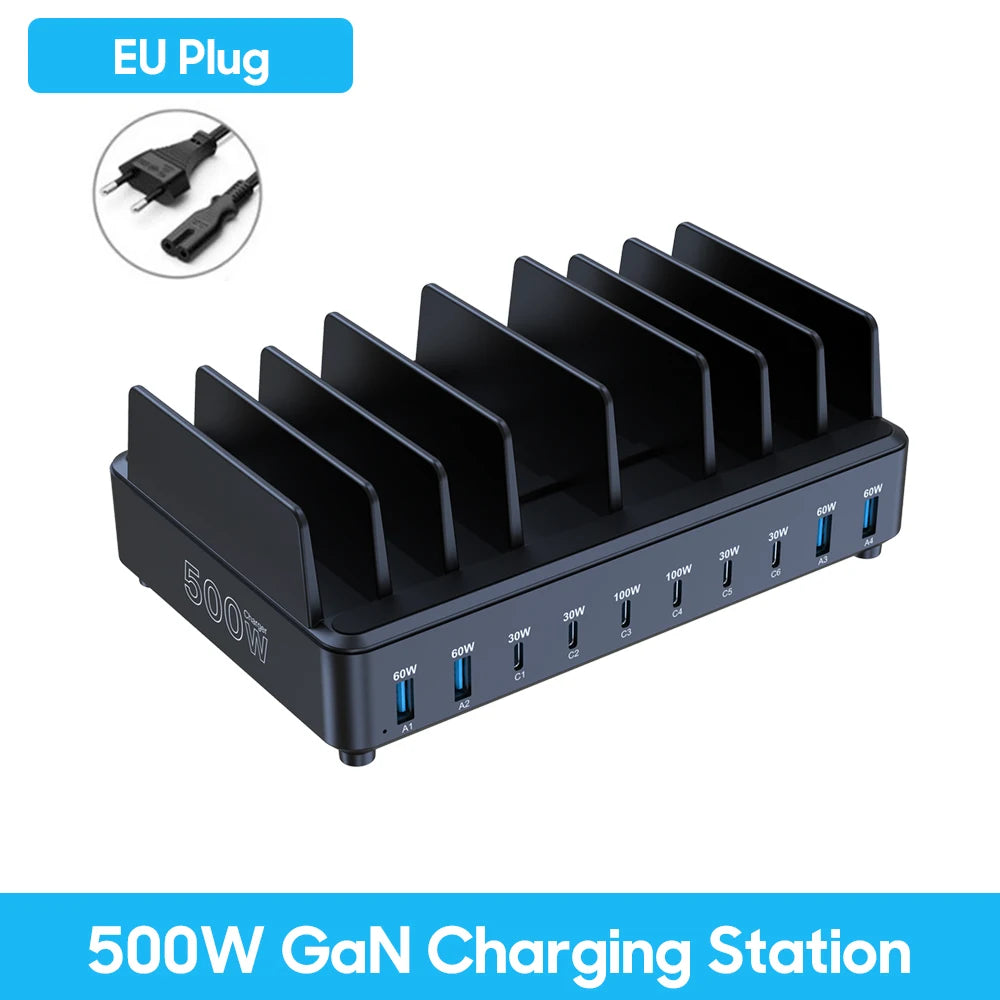 500W USB C Charger 10 Ports GaN Charging Station Stand PD 100W Fast Charge for MacBook Pro iPhone Samsung Laptops Tablets